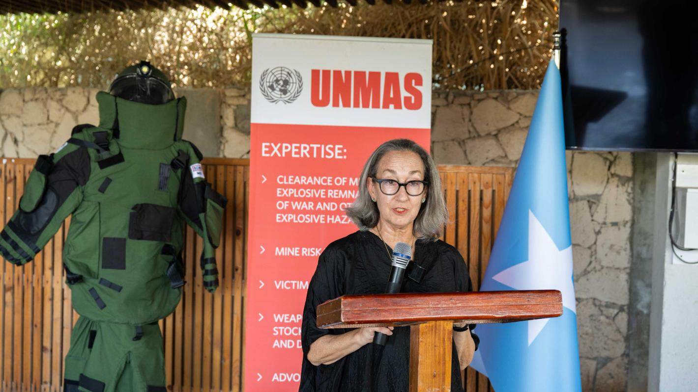 UNMAS Director Ilene Cohn delivers her remarks during a handover event facilitated by UNMAS in Mogadishu.