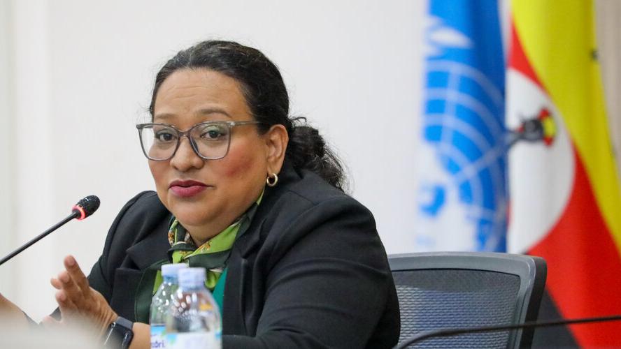 A women seated at a desk speaking into a microphone. Behind her is the UN flag and another flag.