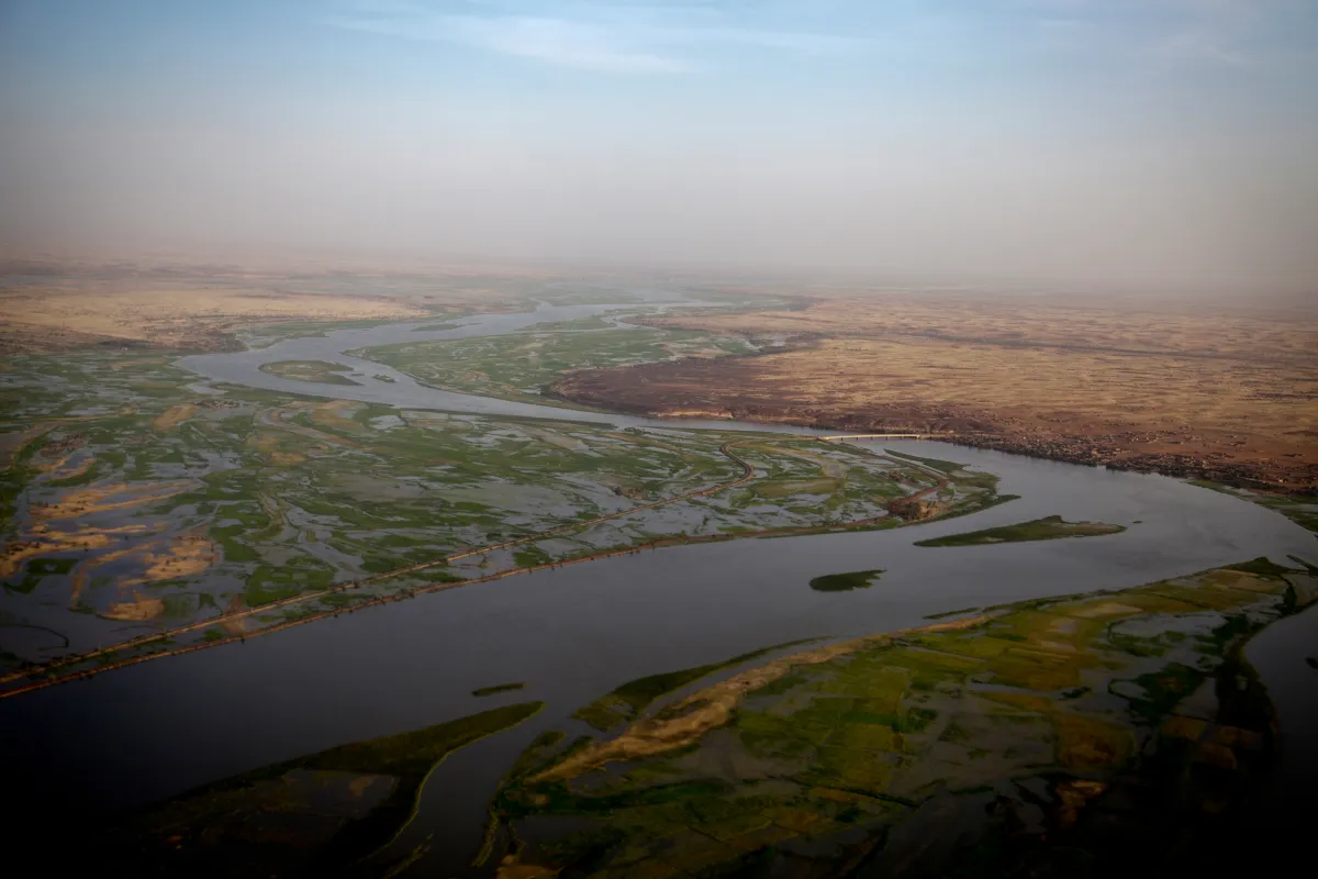 An aerial view of the Niger River near Gao,  Mali.